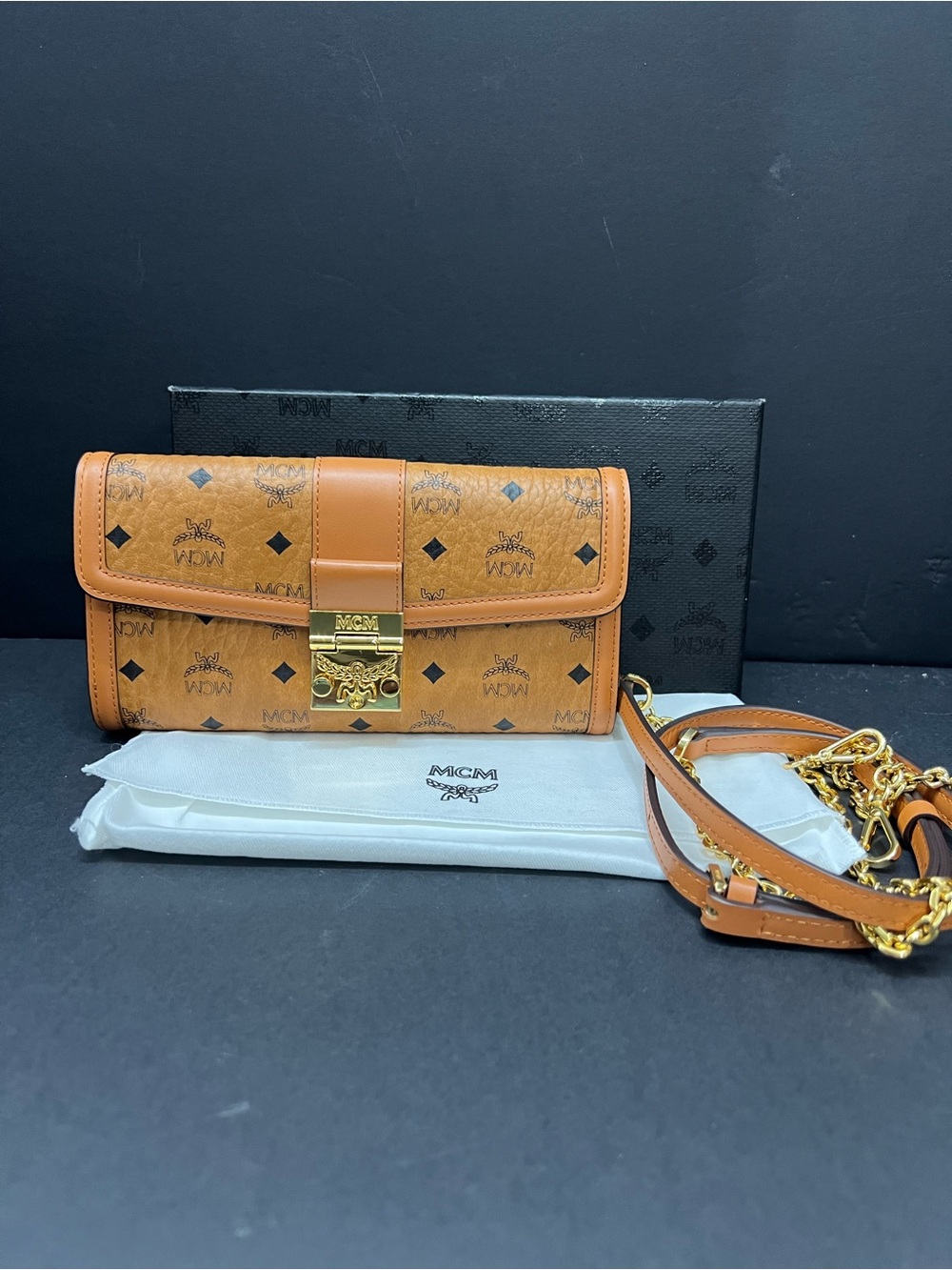 MCM Large Tracy Wallet Cognac Visetos Monogram Clutch with Gold Hardware